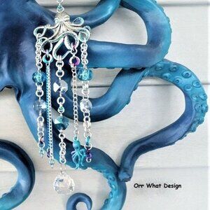 Octopus Suncatcher Chimes Silver Teal Crystals Chain Maille Kraken Home Decor
